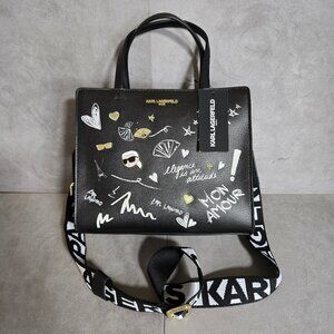 NWT Karl Lagerfeld Paris Black Tote Bag Graffiti Art Print Convertible Strap
